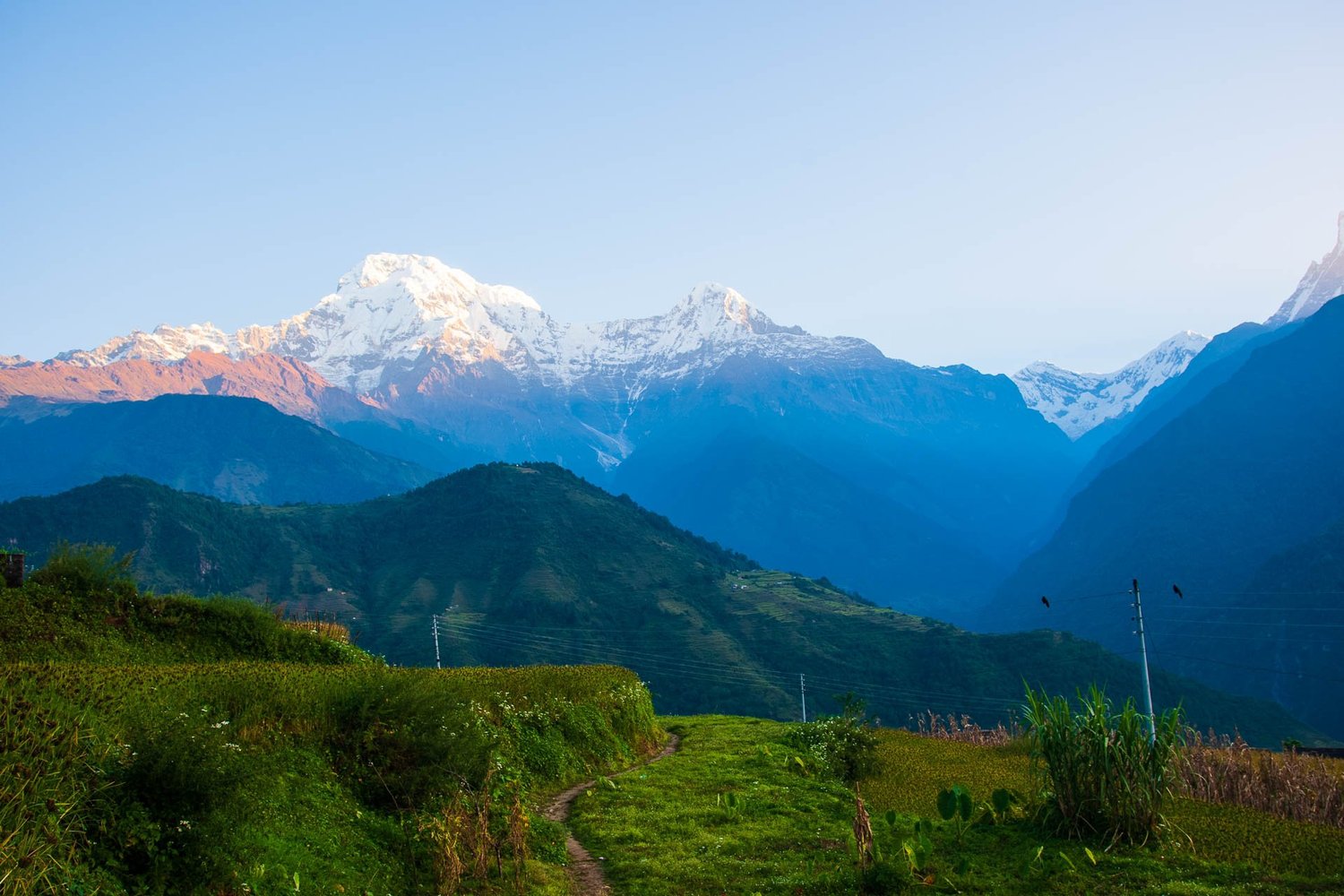 Wide view of Himalayan peaks and ridgelines along the Annapurna trail, Nepal